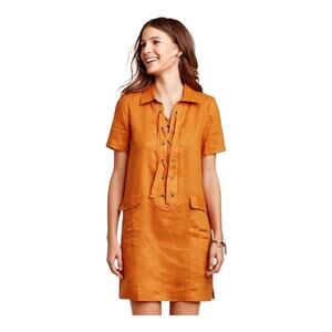 MaEve By Anthropologie Lace-Up Linen Dress Orange Short Sleeve Women's Size 8 US